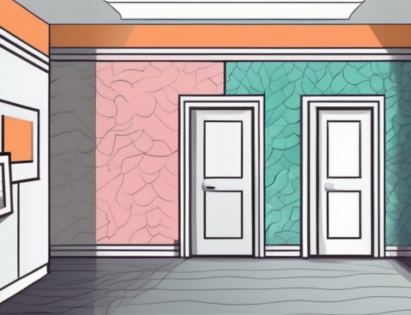 A room with a wall covered in vibrant wallpaper on one side contrasting a plain painted wall on the other side