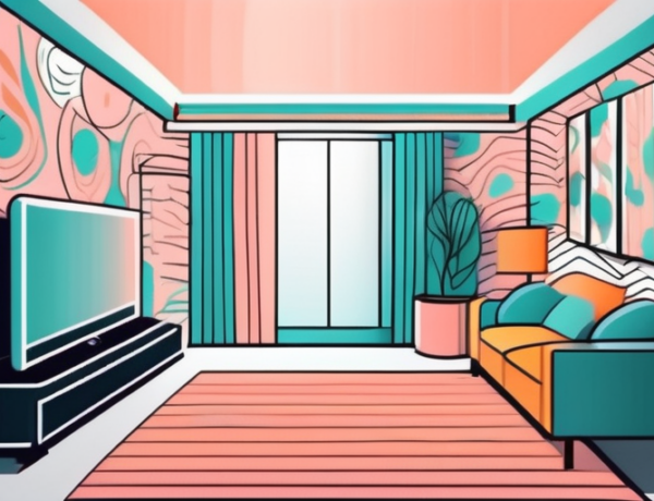 A room with a vibrant wallpaper pattern