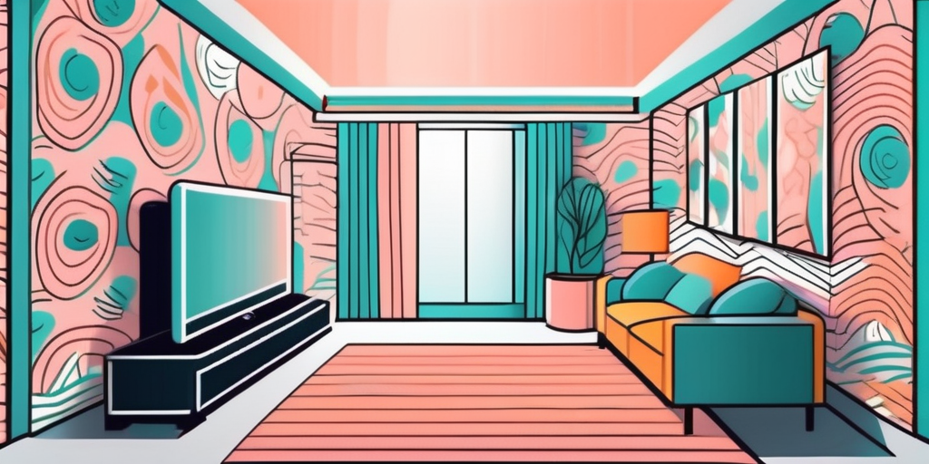 A room with a vibrant wallpaper pattern