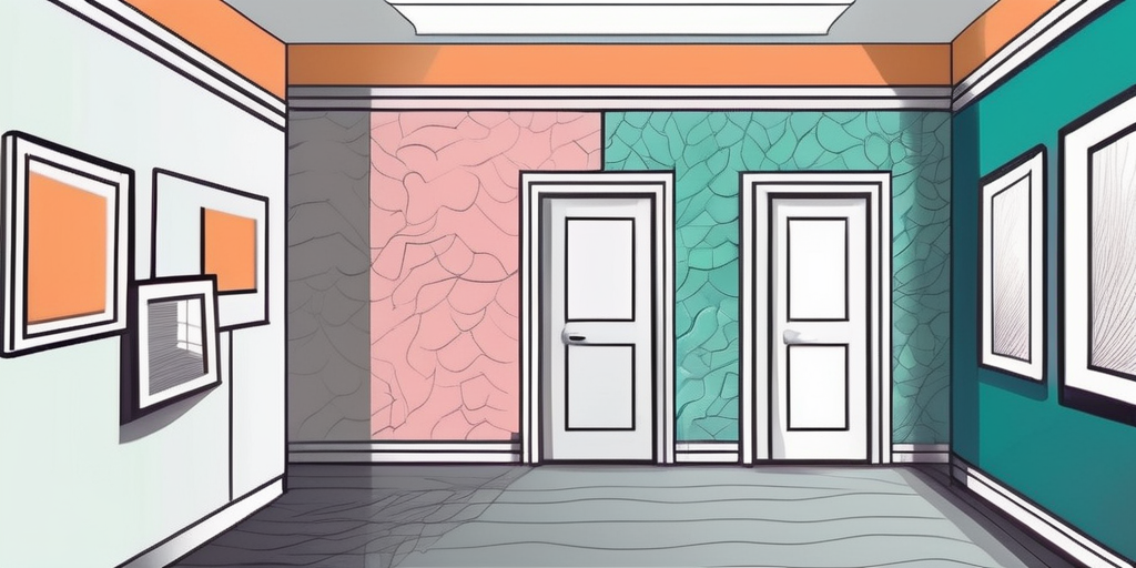 A room with a wall covered in vibrant wallpaper on one side contrasting a plain painted wall on the other side