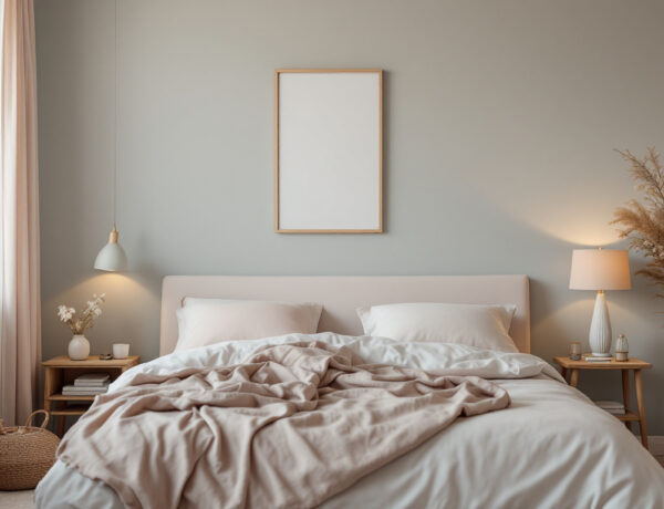 A photograph of a serene and inviting bedroom featuring calming wallpaper designs