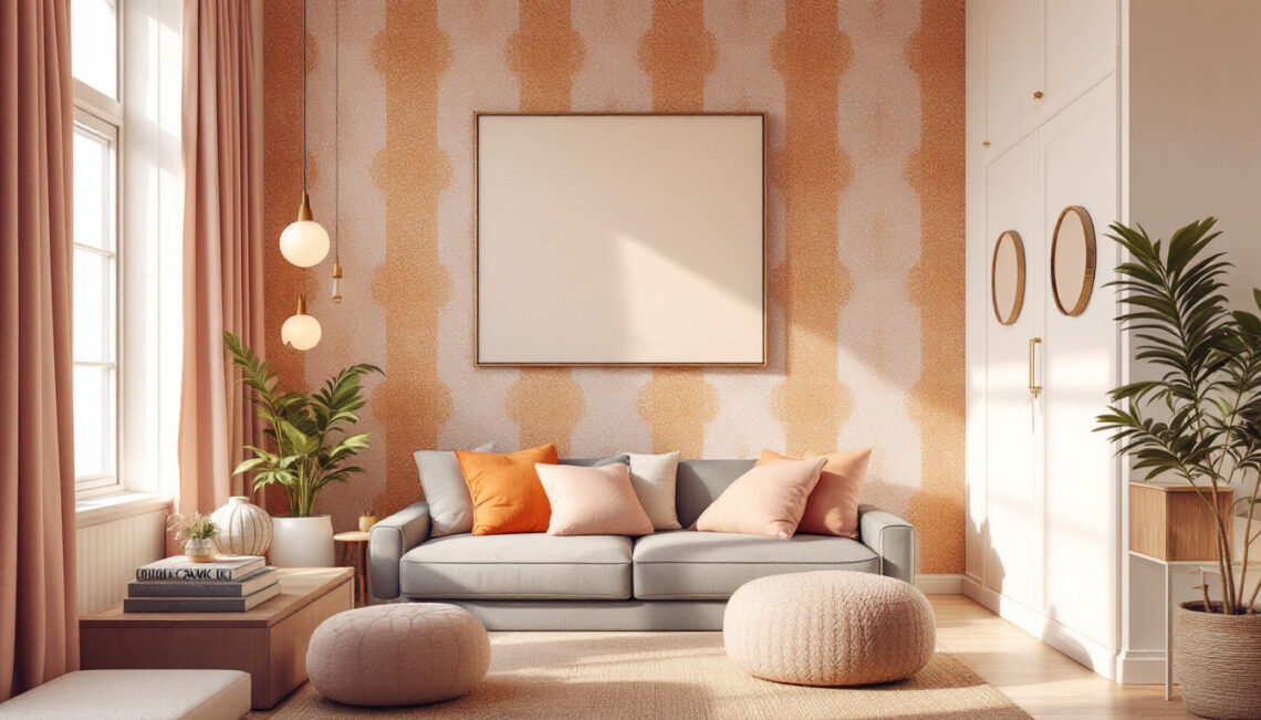 A photograph of a stylishly decorated interior featuring wallpaper with striped cane patterns