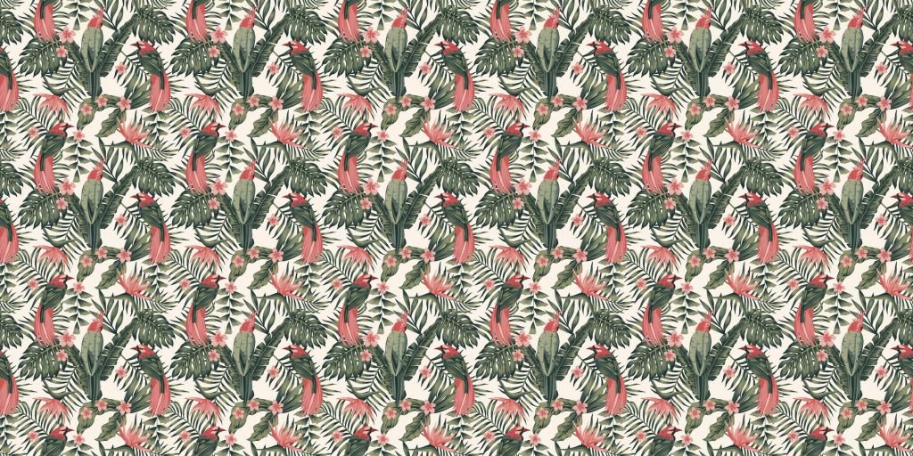 Piante tropicali, fiori e uccelli