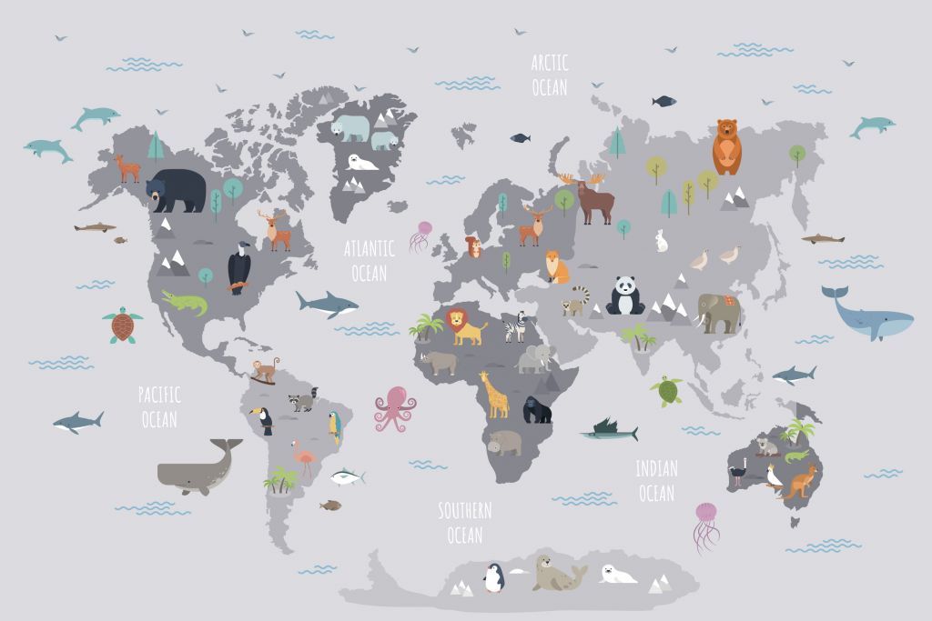 Mappa del mondo con animali selvatici