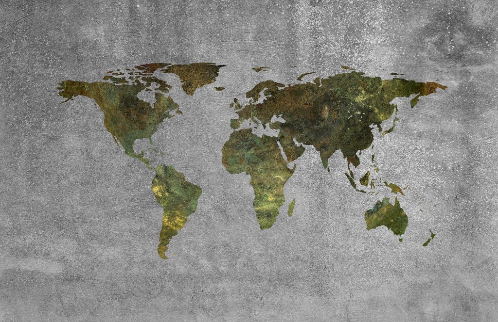 Mappa del mondo con struttura verde su cemento grigio