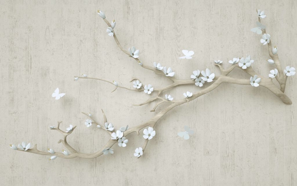 Rama con flores blancas sobre fondo de madera
