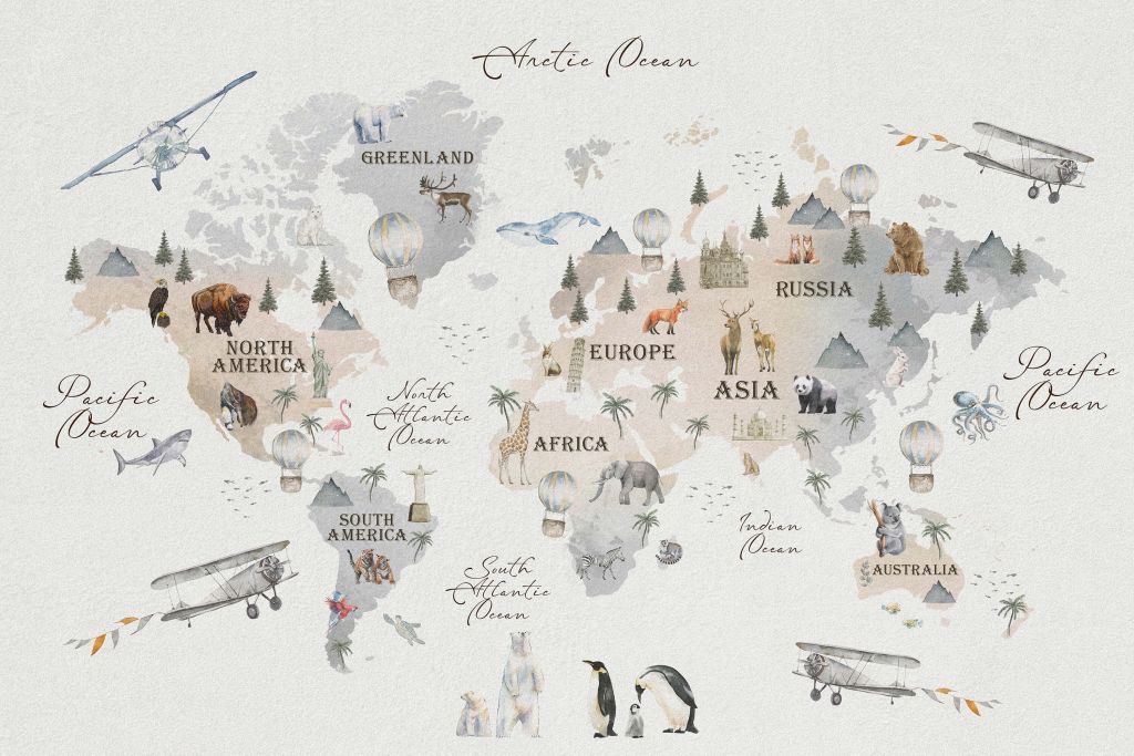 Mappa del mondo con diversi animali