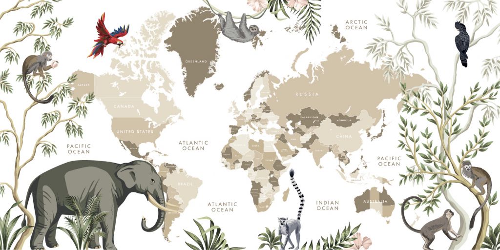 Mappa del mondo con animali della giungla
