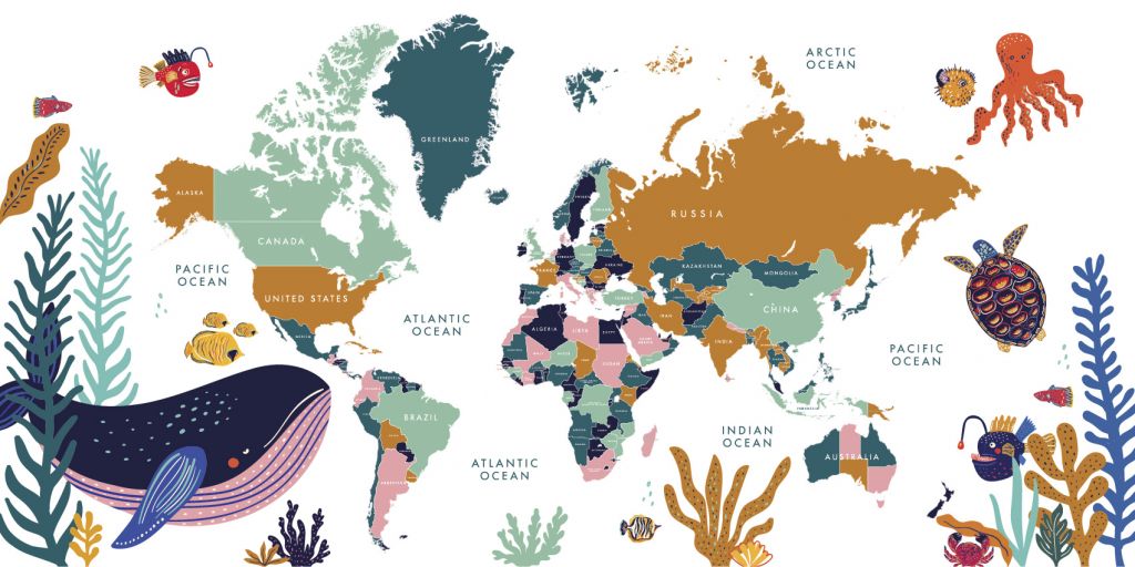 Mappa del mondo con animali dell'oceano