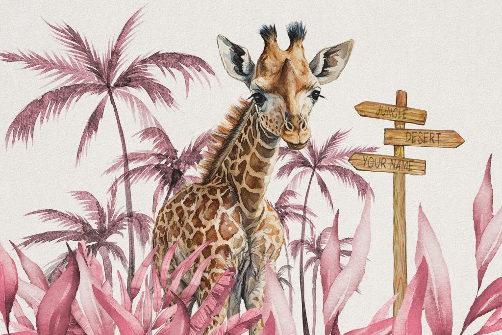 Baby giraffa nella giungla rosa