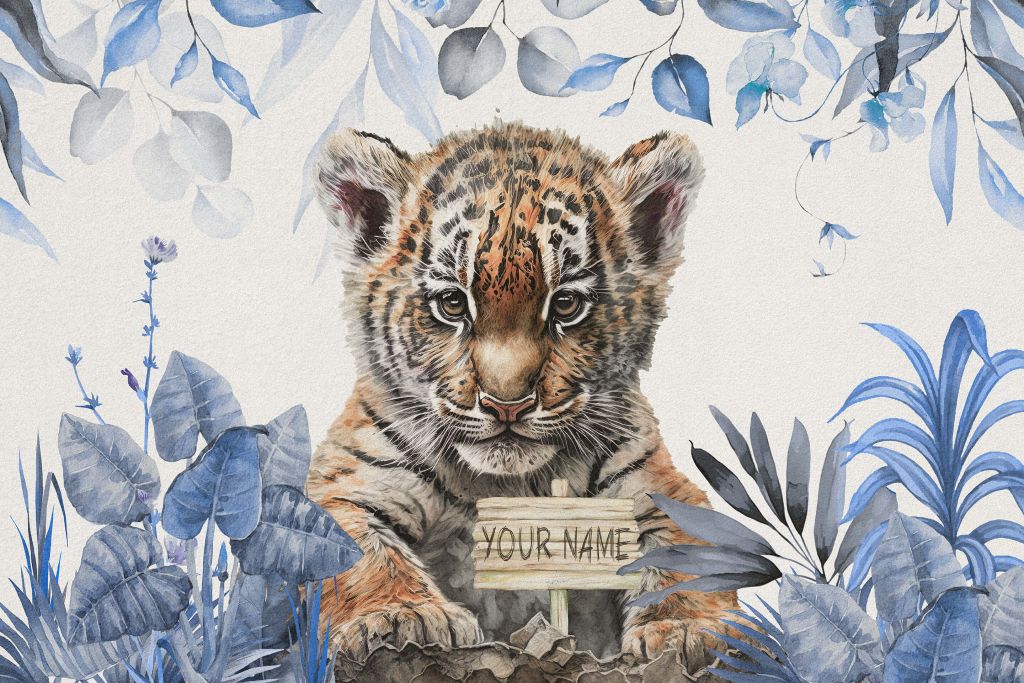 Tigre carina con piante blu