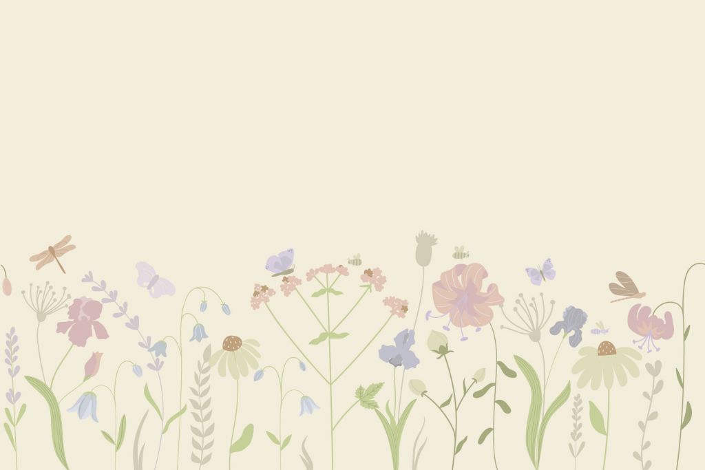 Campo di fiori con farfalle beige, rosa antico, verde e lilla