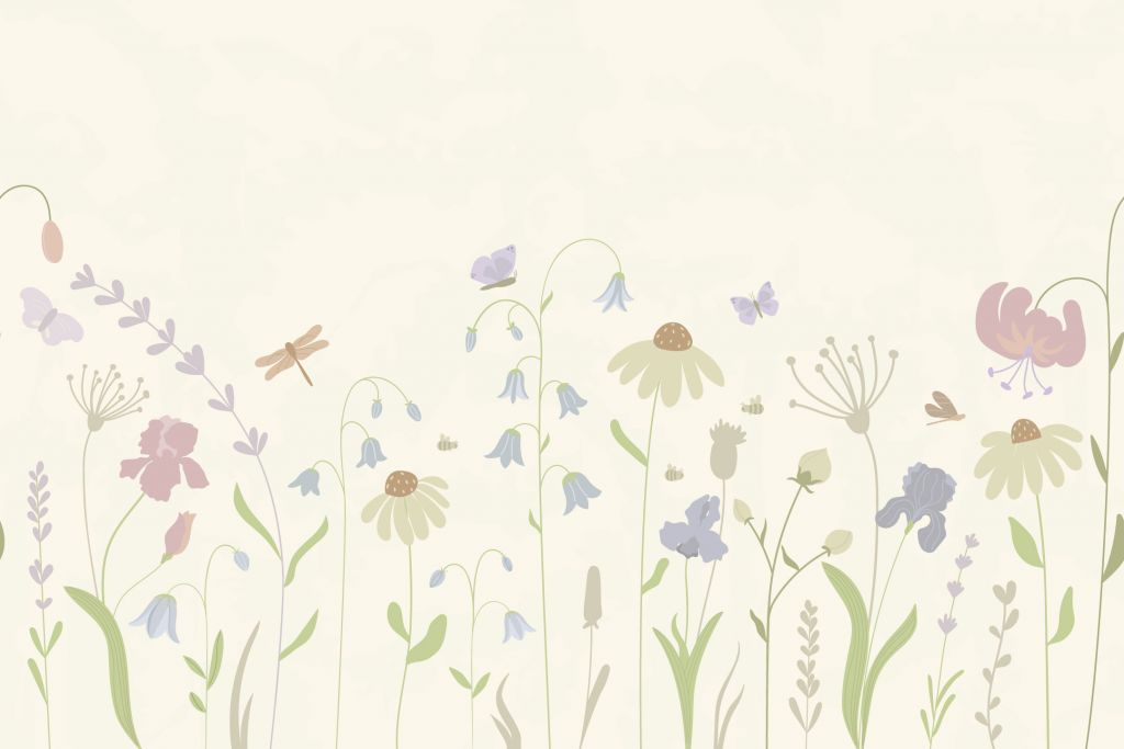 Campo di fiori alto con farfalle beige, rosa antico, verde e lilla