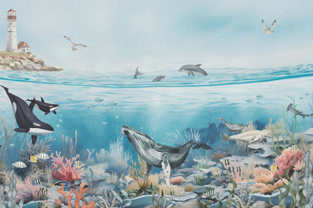 Paesaggio oceanico con animali a colori
