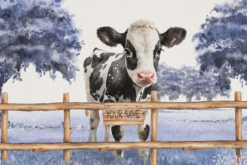 Giovane mucca in un prato blu