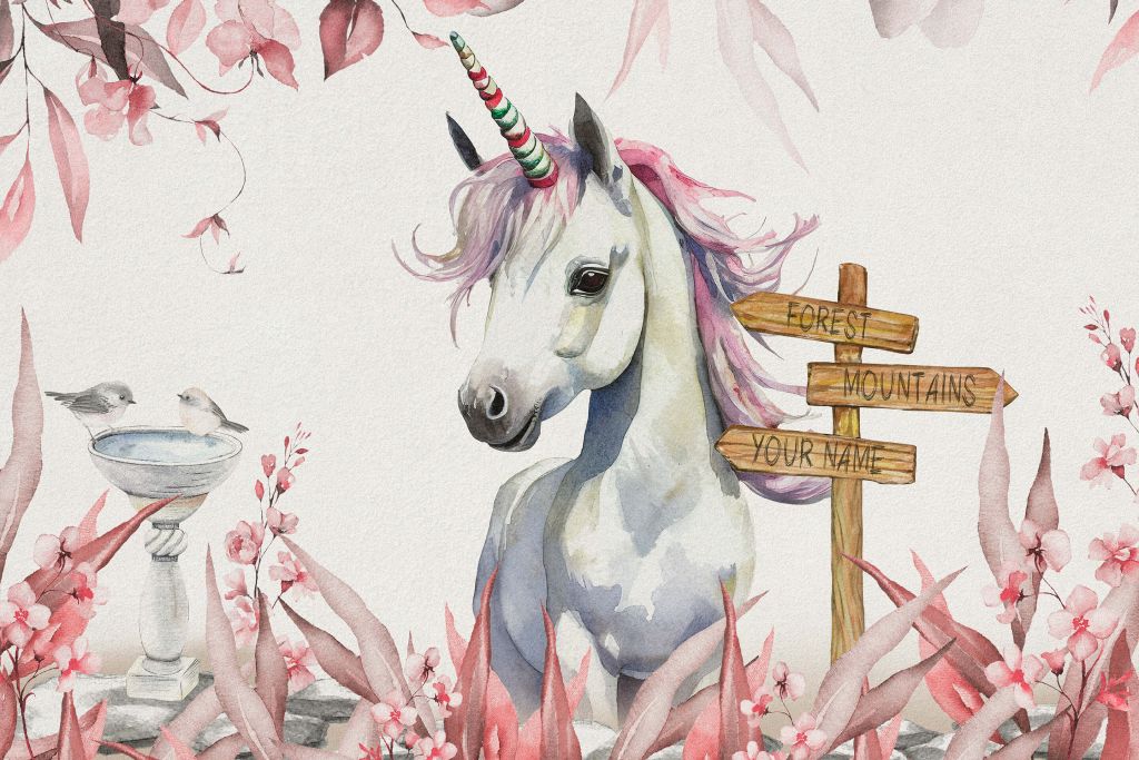 Baby unicorno con piante rosa