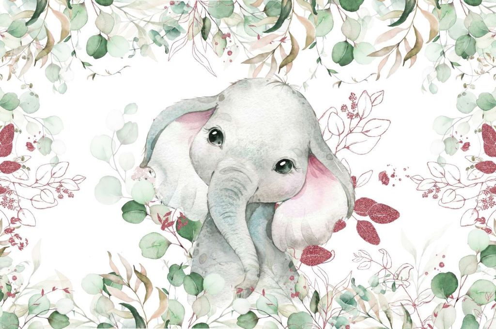 Baby elefante con foglie di menta e rosa