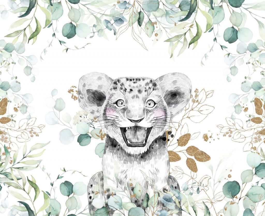 Baby leone con foglie di menta