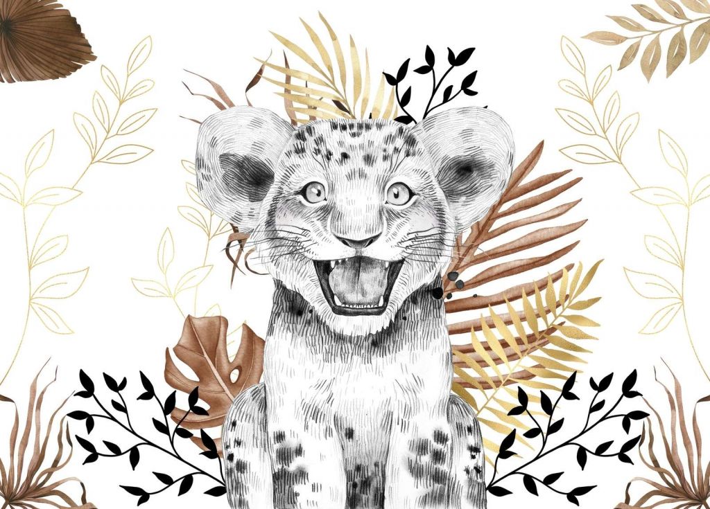 Cucciolo di leone marrone e con foglie d'oro