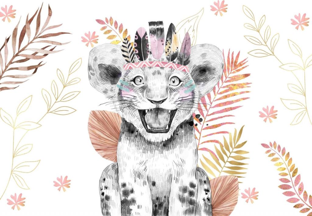 Baby leonessa con foglie rosa corallo e oro