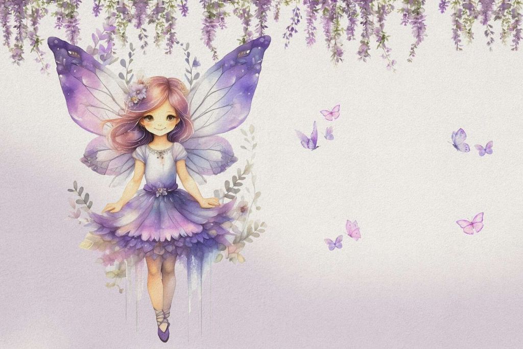 Farfalla elfo viola in giardino floreale