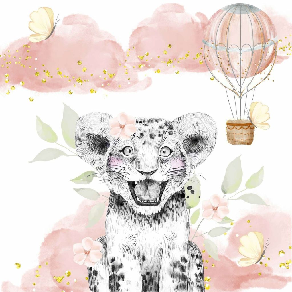 Cucciolo di leone allegro e palloncino