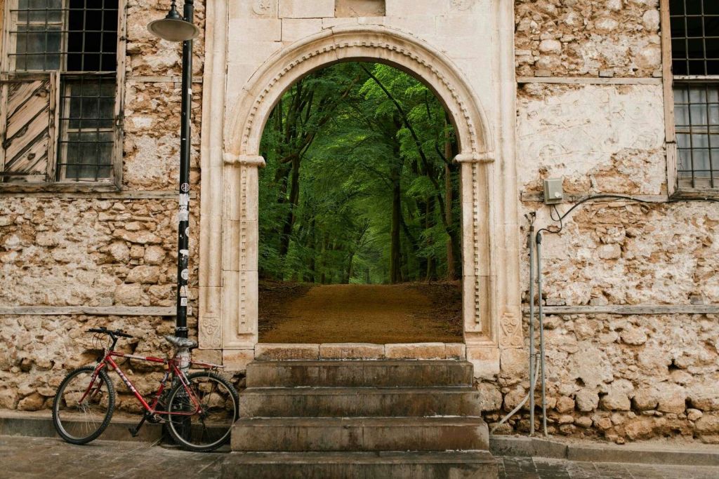Porta verso un sentiero verde nel bosco