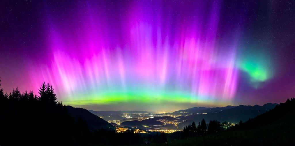 Aurora boreale sopra città di montagna illuminata