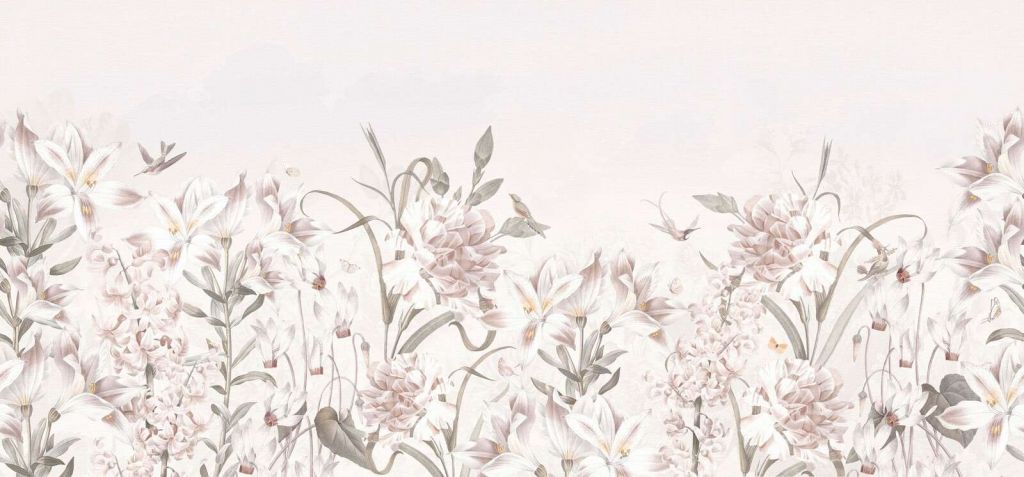 Campo di fiori morbidi con colibrì