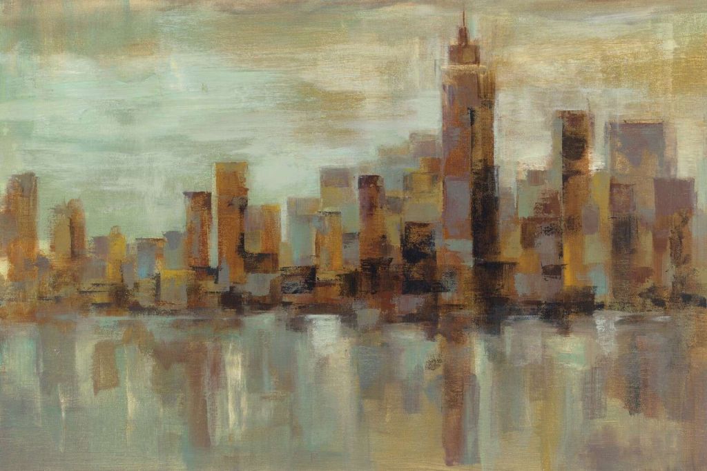 Skyline nebbiosa in luce di rame