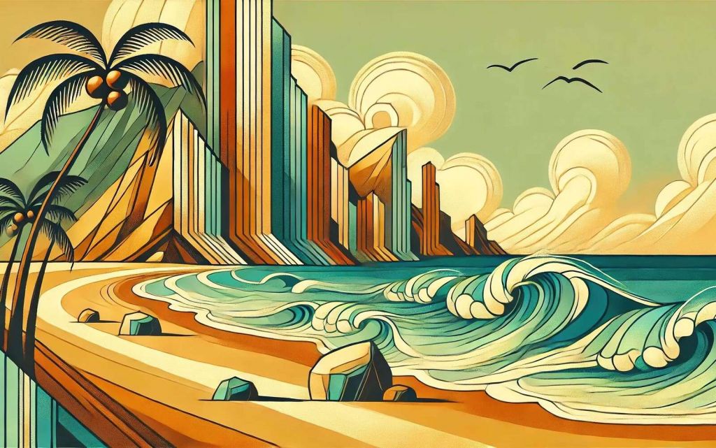 Onda di marea lungo la costa tropicale in stile art déco