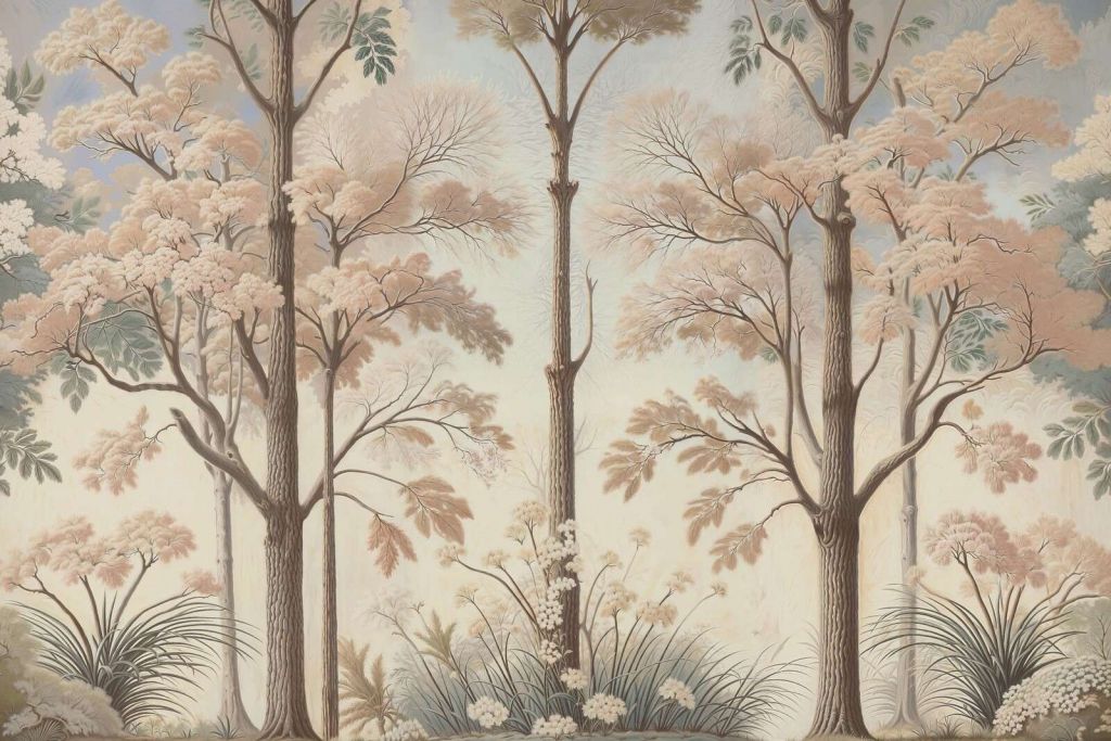 Dolce paesaggio boscoso con alberi in fiore.