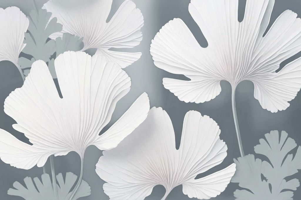 Foglie di ginkgo bianche nella nebbia.