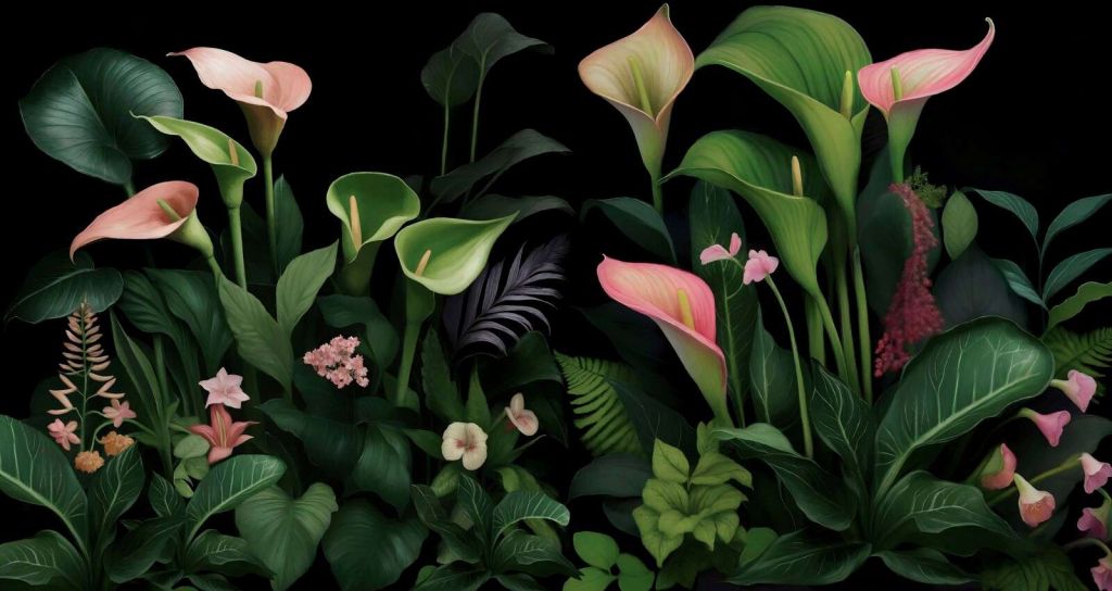 Gigli di calla tropicali di notte.