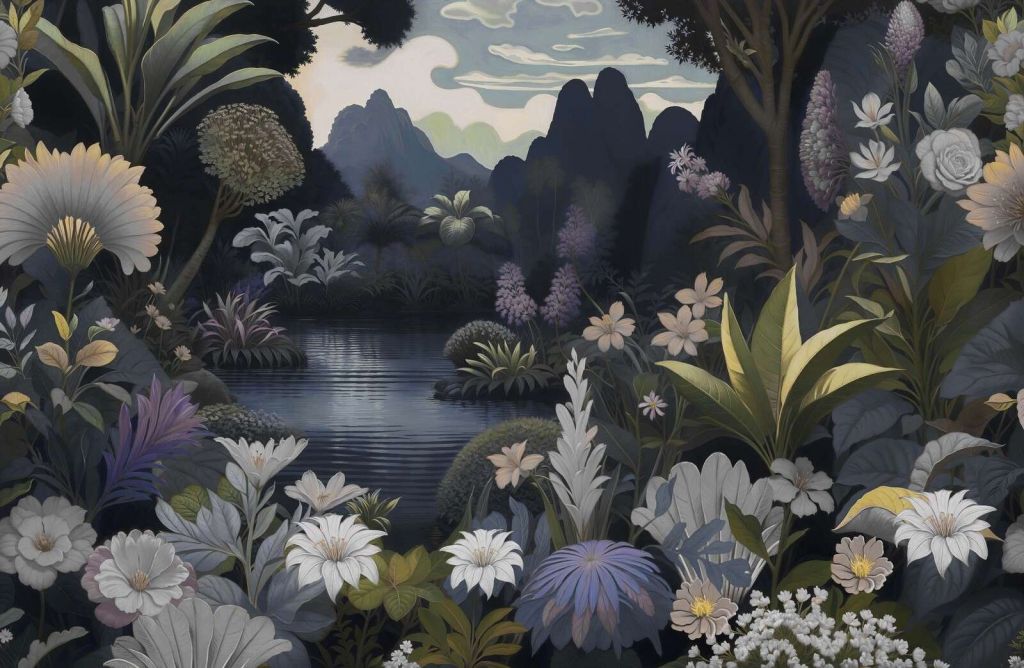 Paesaggio montano mistico con lago di fiori