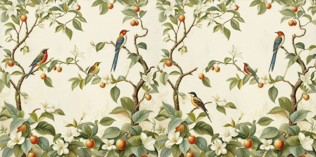 Uccelli canori vintage negli alberi da frutto