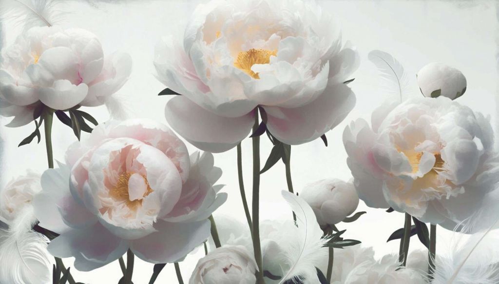 Peonie bianche con piume