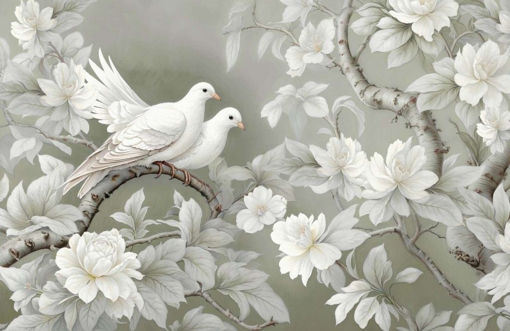 Colombe bianche tra i rami in fiore