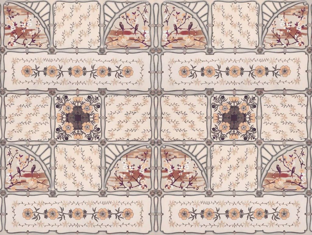 uccelli vintage con ornamenti floreali