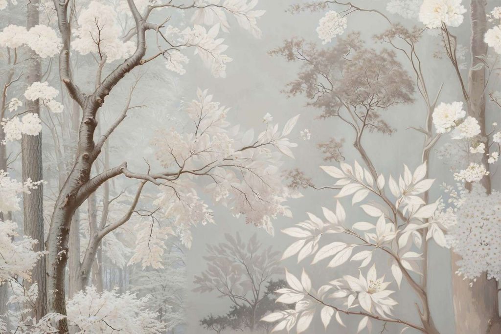 Paesaggio boschivo nebbioso con fiori bianchi
