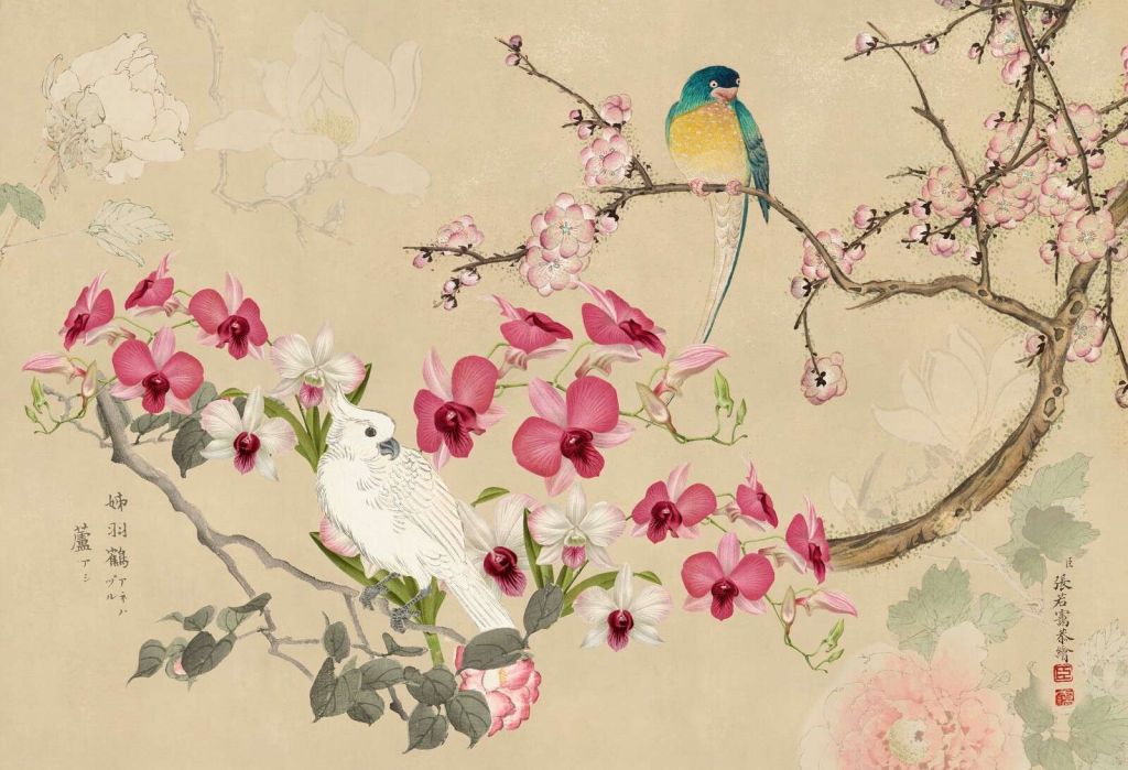 Cacatua floreale in stile chinoiserie