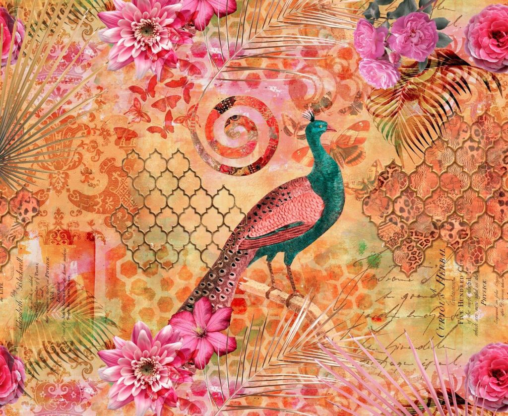 Collage fantasy con pavone orientale maestoso