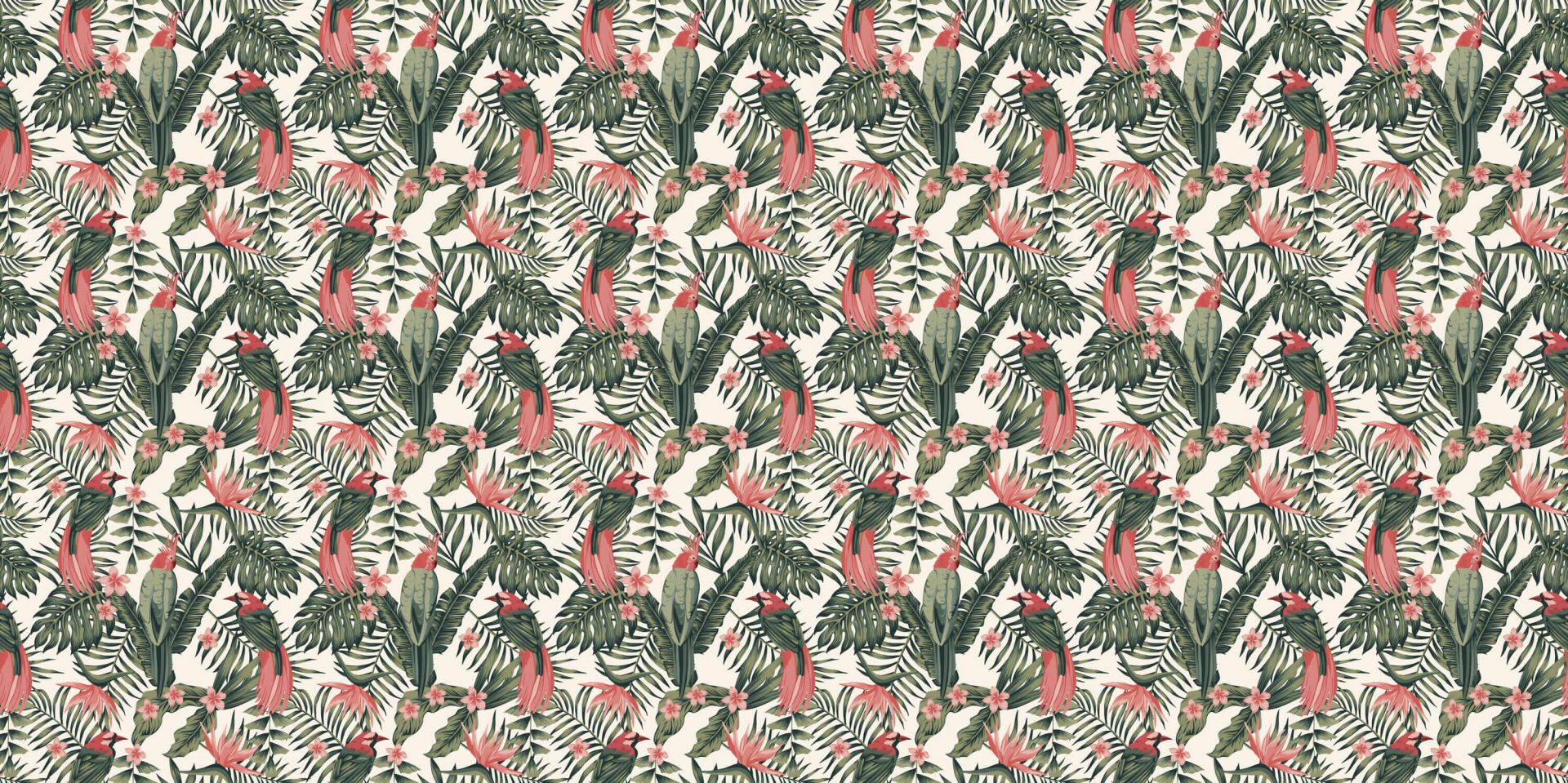 Piante tropicali, fiori e uccelli