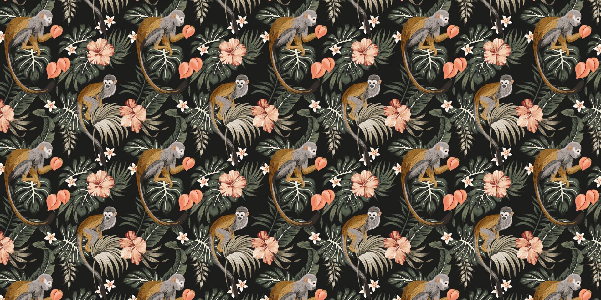 Foglie tropicali con le scimmie