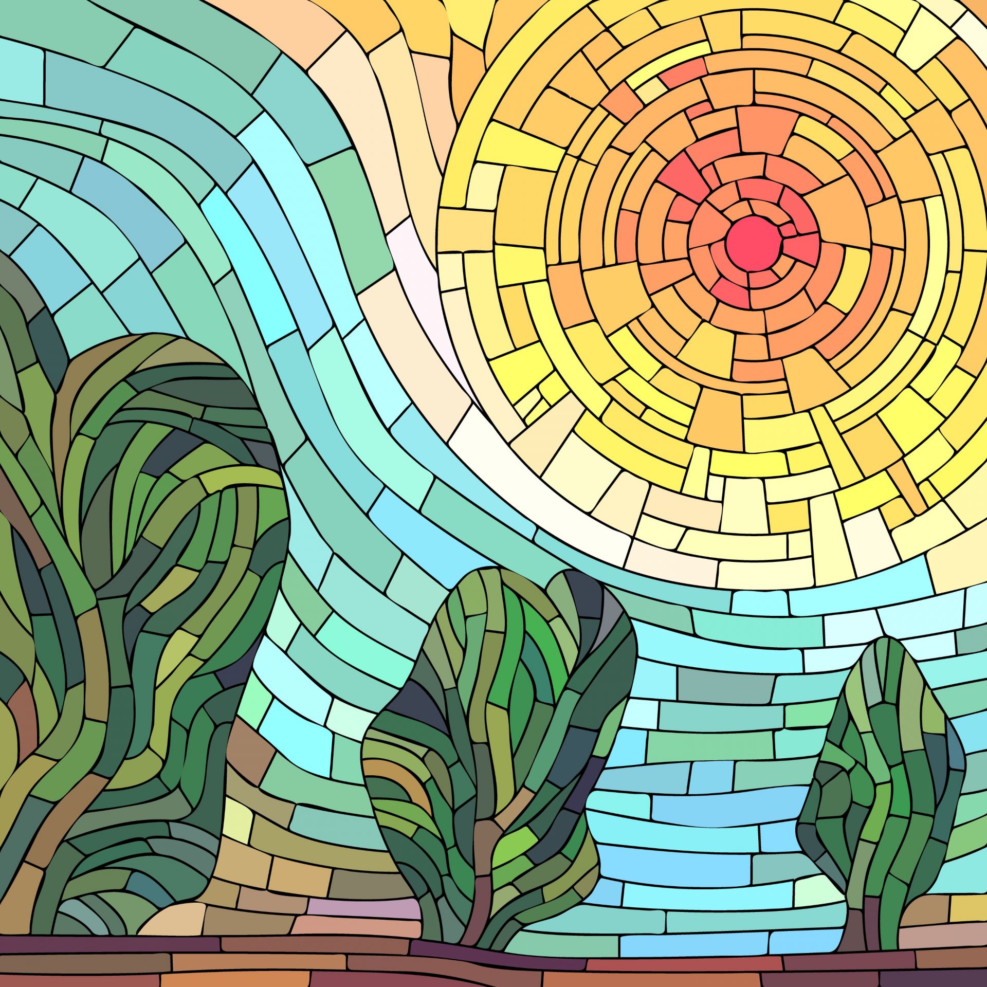 Sole rosso dagli alberi