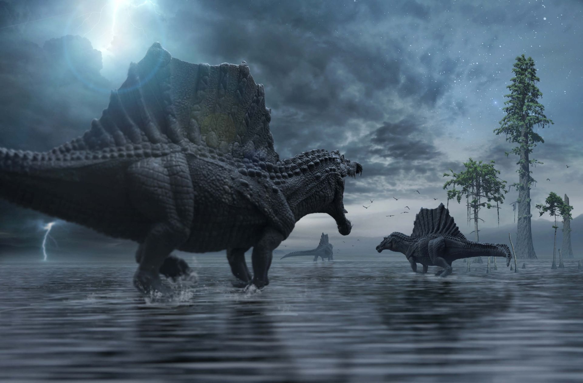 Gruppo di Spinosauri in una zona di caccia