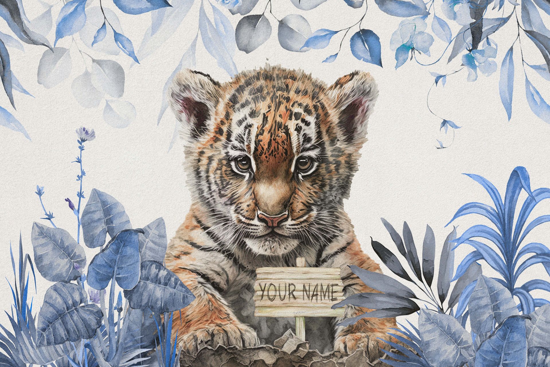 Tigre carina con piante blu