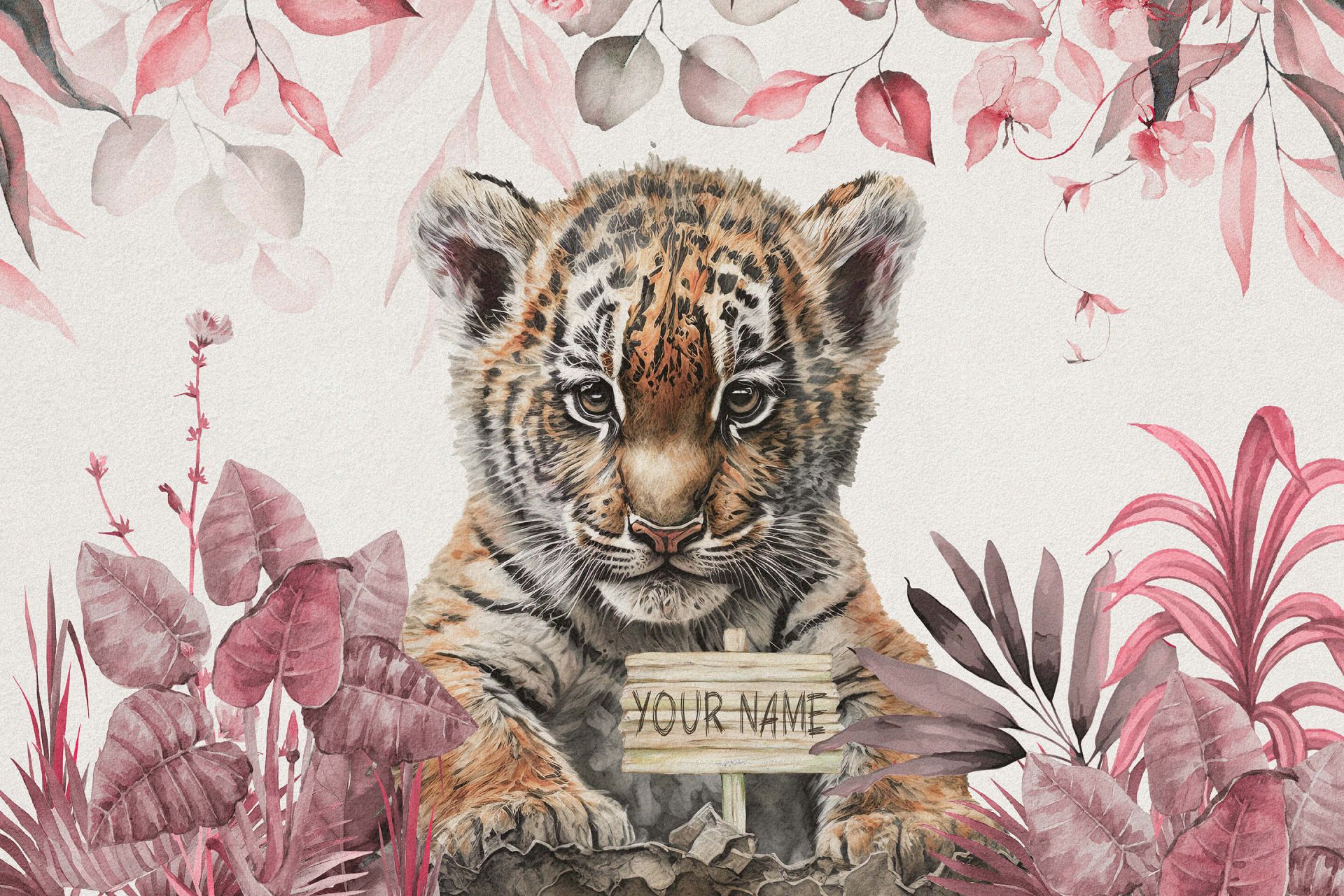 Tigre carina con piante rosa