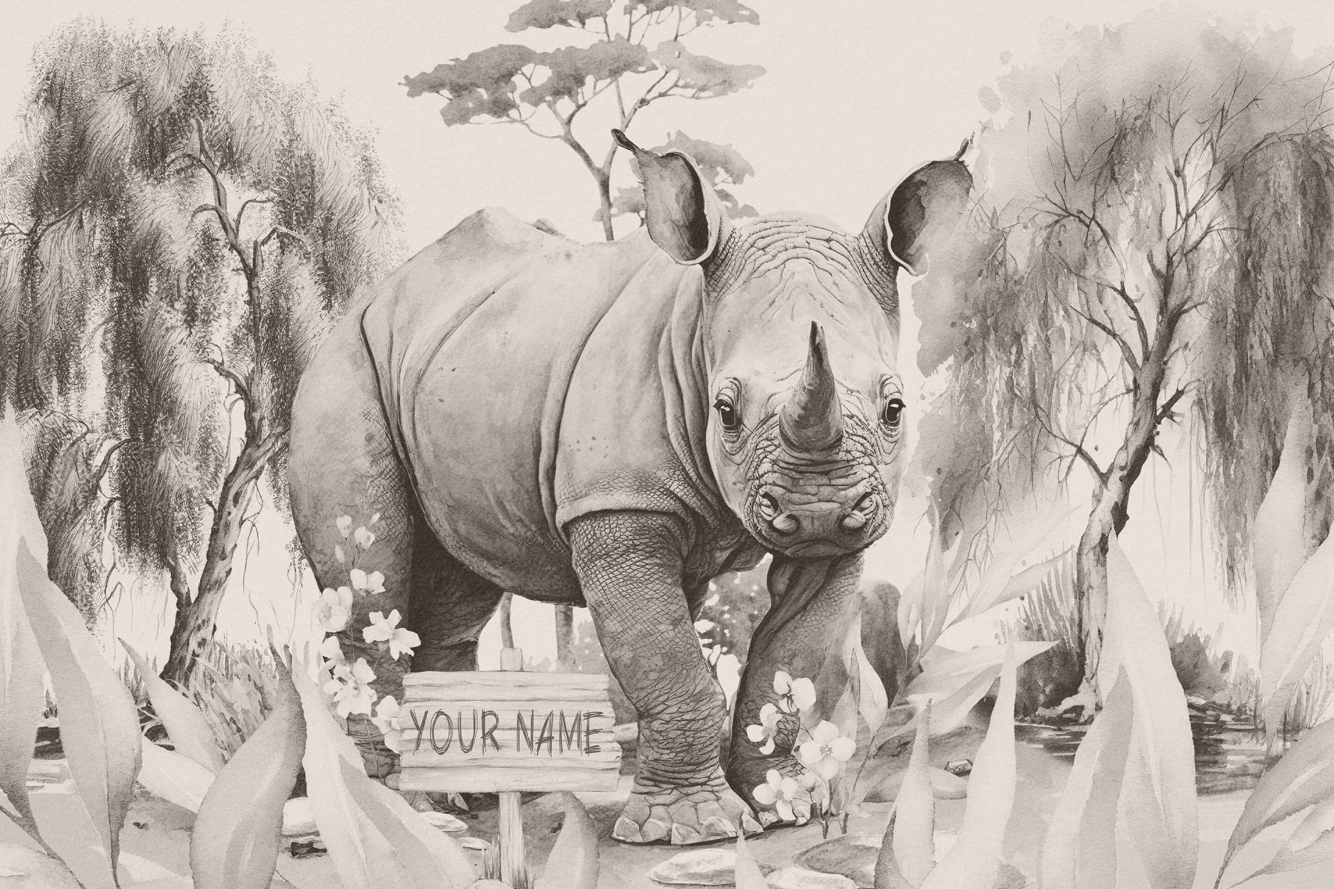 Piccolo rinoceronte nella savana beige