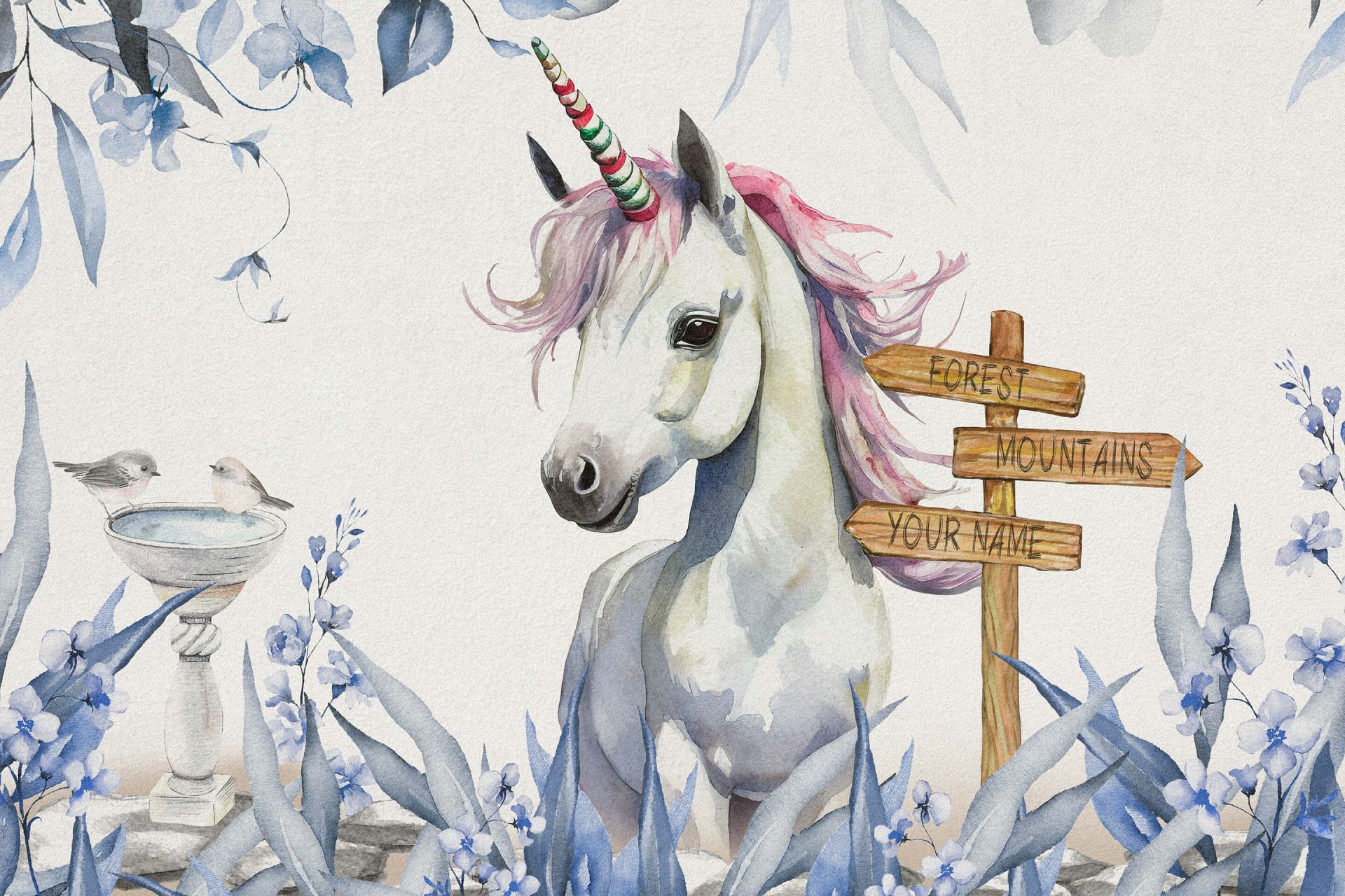 Baby unicorno con piante blu